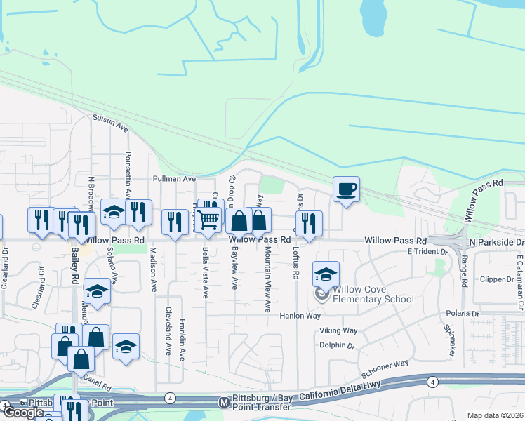 map of restaurants, bars, coffee shops, grocery stores, and more near 224 Babbling Brook Way in Pittsburg