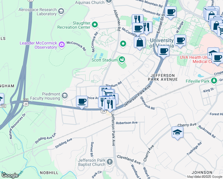 map of restaurants, bars, coffee shops, grocery stores, and more near 2006 Stadium Road in Charlottesville