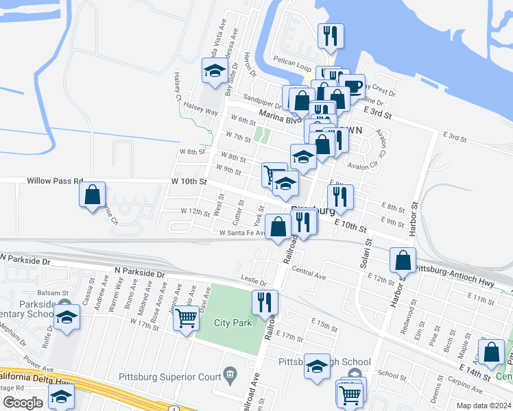 map of restaurants, bars, coffee shops, grocery stores, and more near 148 West 11th Street in Pittsburg