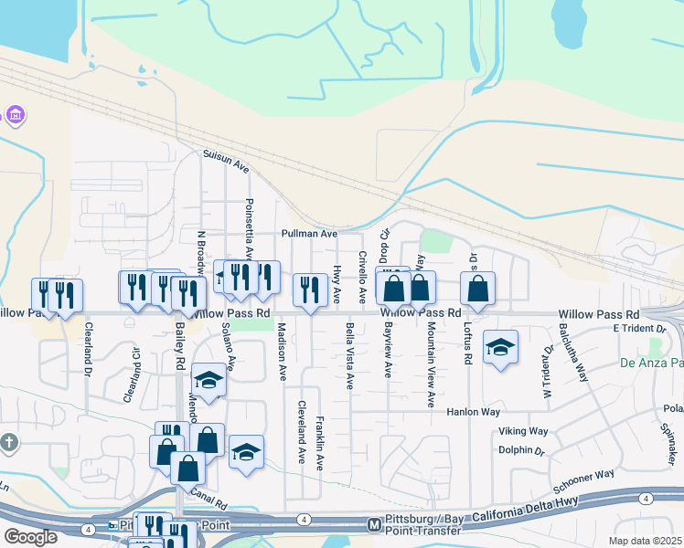 map of restaurants, bars, coffee shops, grocery stores, and more near 125 Siino Avenue in Bay Point