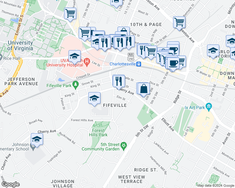 map of restaurants, bars, coffee shops, grocery stores, and more near 800 Elm Street in Charlottesville