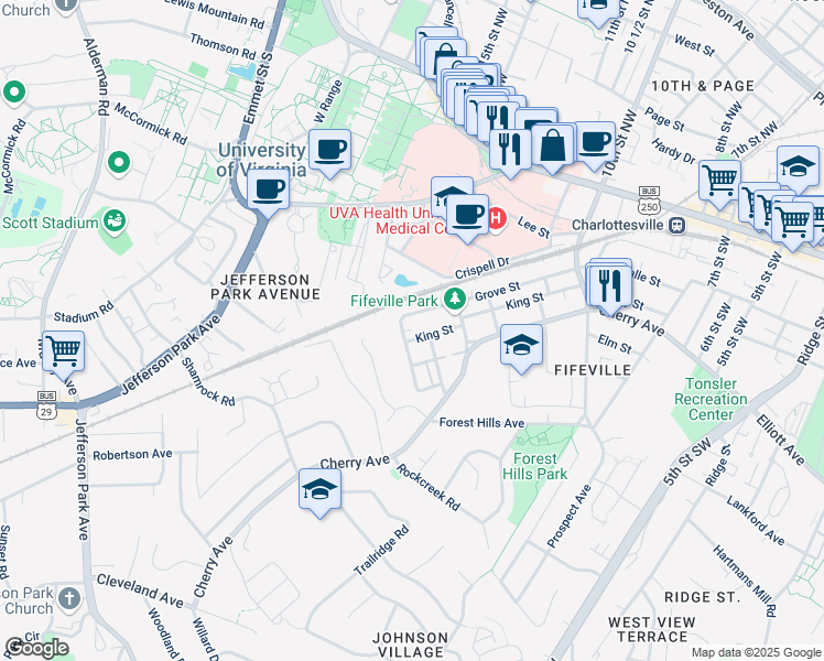 map of restaurants, bars, coffee shops, grocery stores, and more near 305 Paton Street in Charlottesville
