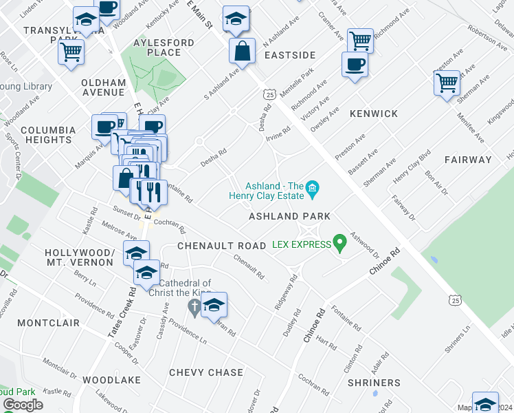 map of restaurants, bars, coffee shops, grocery stores, and more near 232 Sycamore Road in Lexington