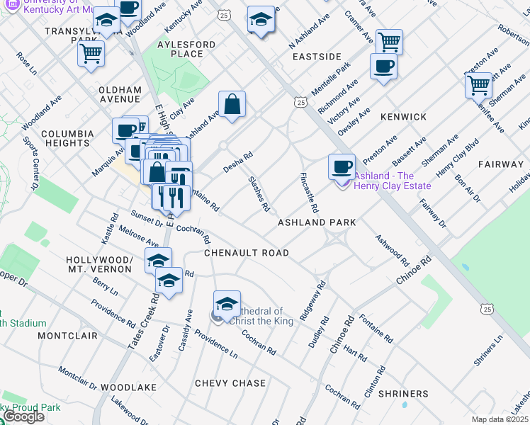 map of restaurants, bars, coffee shops, grocery stores, and more near 1206 Slashes Road in Lexington