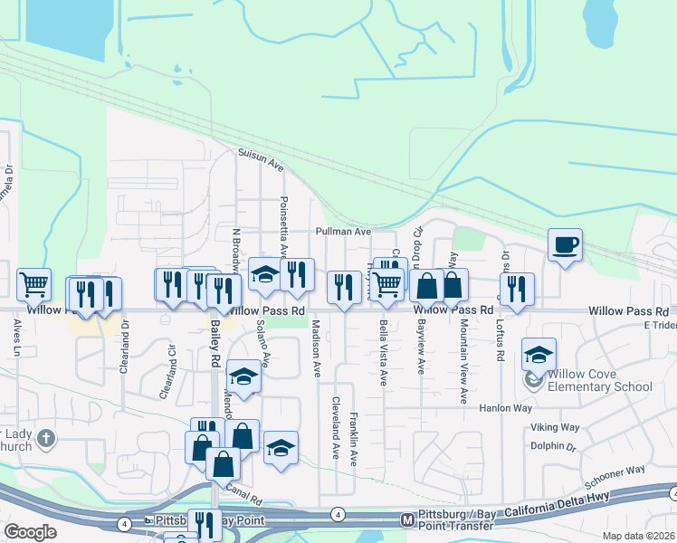 map of restaurants, bars, coffee shops, grocery stores, and more near 116 Gibson Avenue in Bay Point