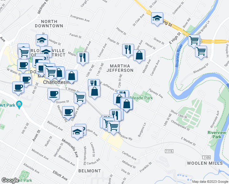 map of restaurants, bars, coffee shops, grocery stores, and more near 1202 East Jefferson Street in Charlottesville