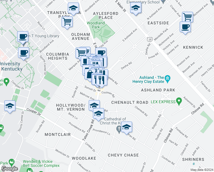map of restaurants, bars, coffee shops, grocery stores, and more near 861 East High Street in Lexington