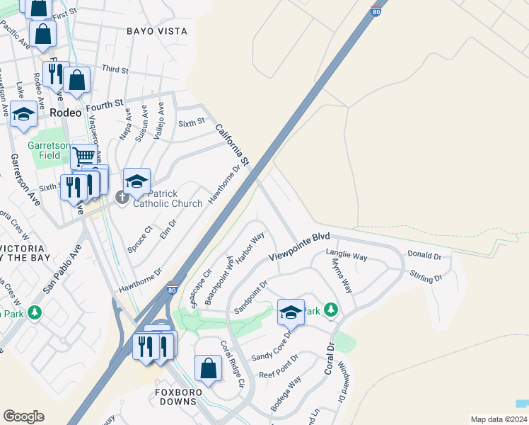 map of restaurants, bars, coffee shops, grocery stores, and more near 1046 Seascape Court in Rodeo
