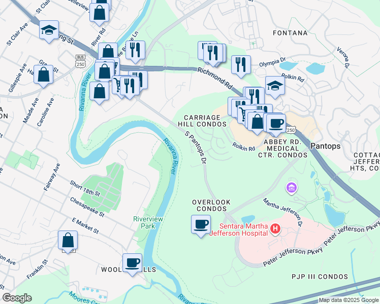 map of restaurants, bars, coffee shops, grocery stores, and more near 210 South Pantops Drive in Charlottesville