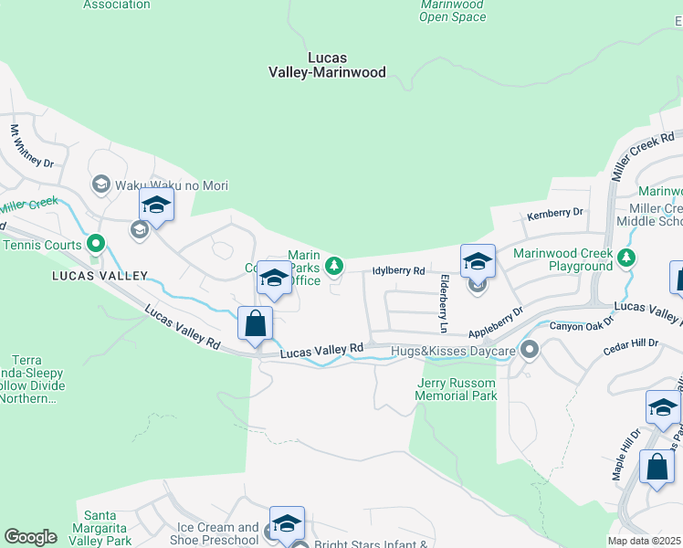 map of restaurants, bars, coffee shops, grocery stores, and more near 1068 Idylberry Road in San Rafael