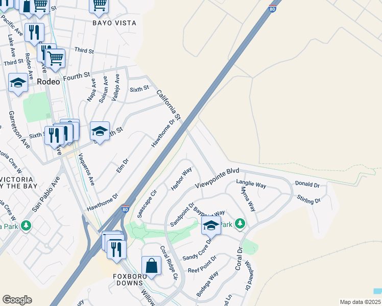 map of restaurants, bars, coffee shops, grocery stores, and more near 1046 Seascape Court in Rodeo