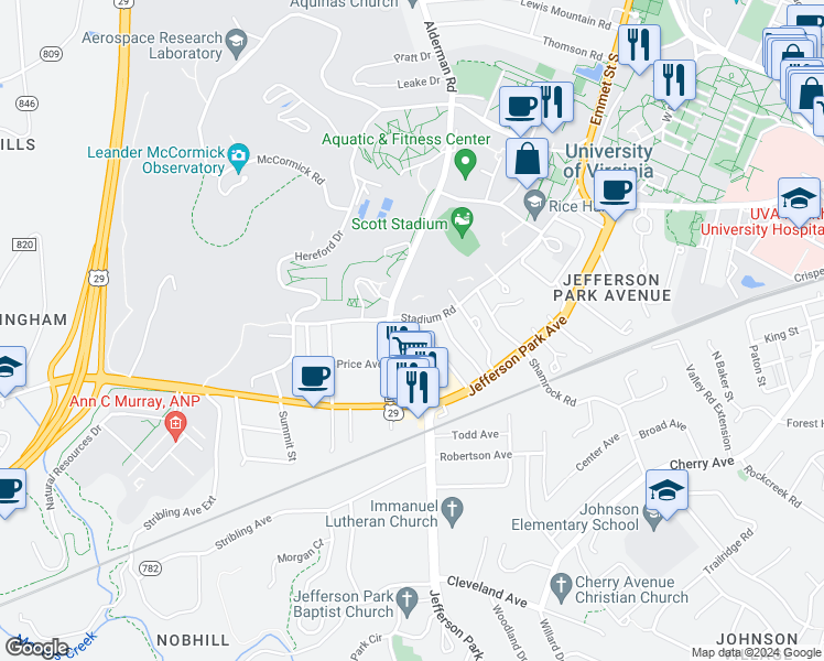 map of restaurants, bars, coffee shops, grocery stores, and more near 2010 Stadium Road in Charlottesville