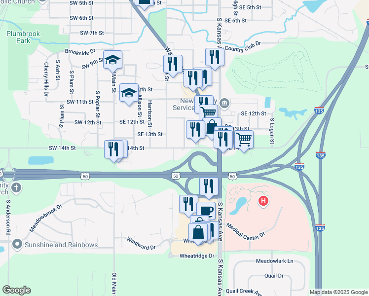 map of restaurants, bars, coffee shops, grocery stores, and more near 501 Southeast 14th Street in Newton