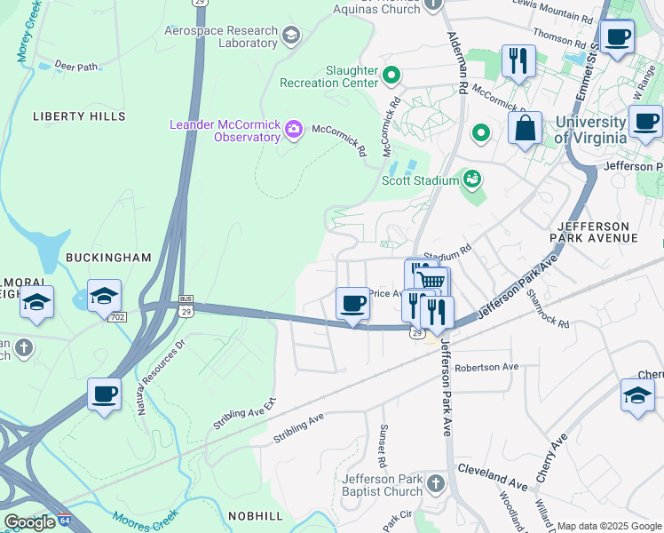 map of restaurants, bars, coffee shops, grocery stores, and more near 137 Mimosa Court in Charlottesville