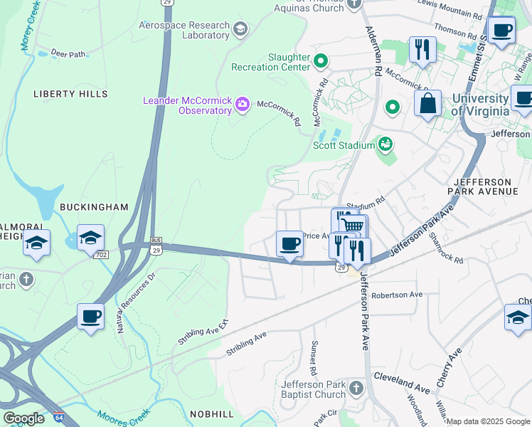 map of restaurants, bars, coffee shops, grocery stores, and more near 137 Mimosa Court in Charlottesville