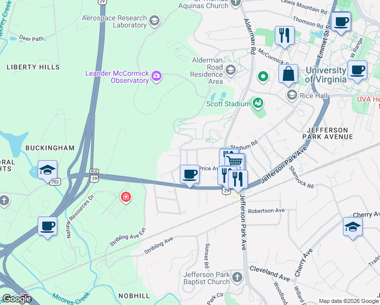 map of restaurants, bars, coffee shops, grocery stores, and more near 129 Piedmont Avenue South in Charlottesville