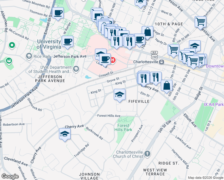 map of restaurants, bars, coffee shops, grocery stores, and more near 1107 Cherry Avenue in Charlottesville