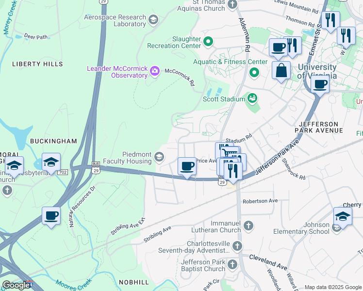 map of restaurants, bars, coffee shops, grocery stores, and more near 119 Appletree Road in Charlottesville