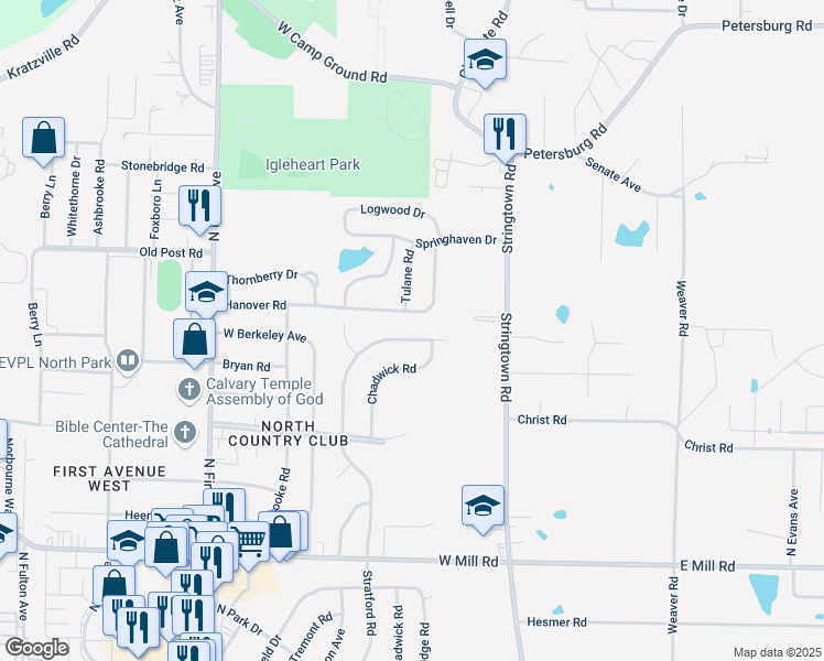map of restaurants, bars, coffee shops, grocery stores, and more near 300 West Berkeley Avenue in Evansville