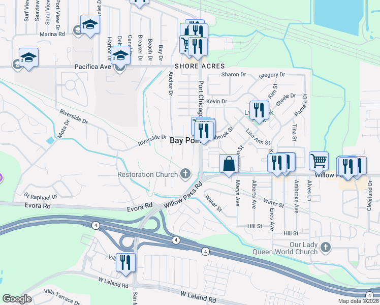 map of restaurants, bars, coffee shops, grocery stores, and more near 200 Riverside Place in Bay Point