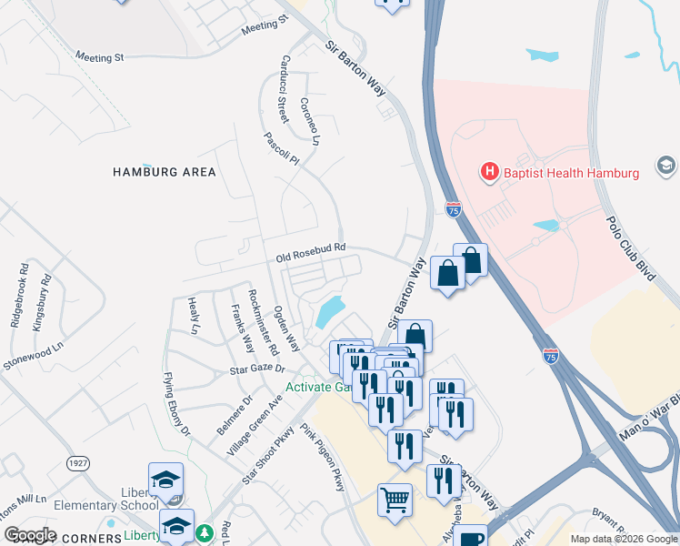 map of restaurants, bars, coffee shops, grocery stores, and more near 2406 Aristocracy Circle in Lexington