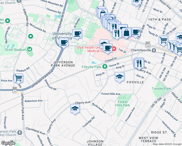 map of restaurants, bars, coffee shops, grocery stores, and more near 305 Paton Street in Charlottesville