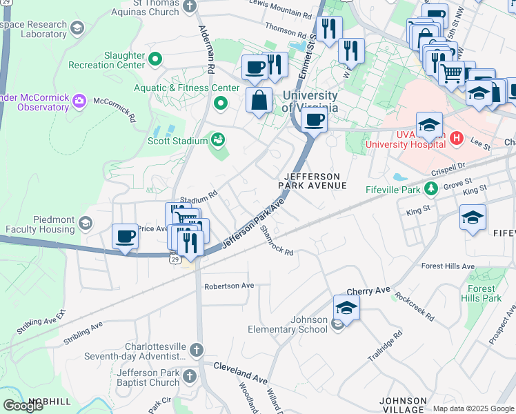 map of restaurants, bars, coffee shops, grocery stores, and more near in Charlottesville