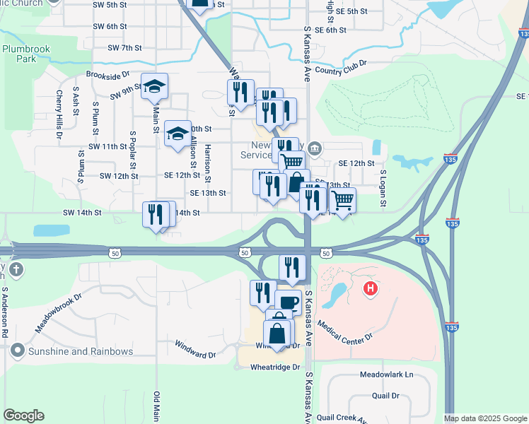 map of restaurants, bars, coffee shops, grocery stores, and more near 501-525 Southeast 14th Street in Newton