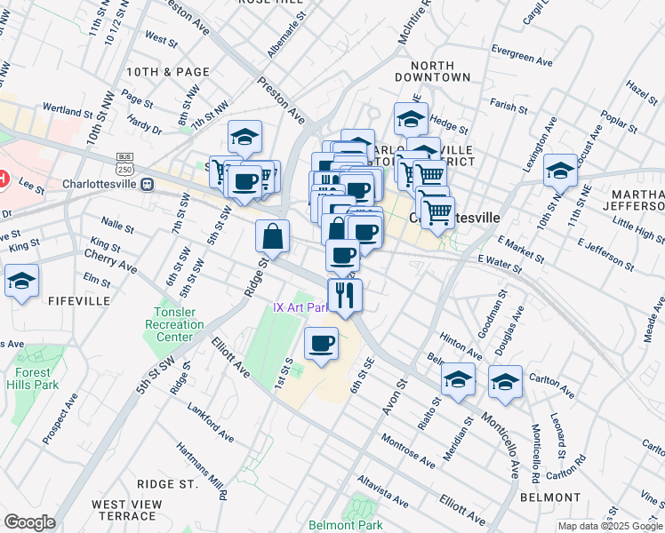 map of restaurants, bars, coffee shops, grocery stores, and more near in Charlottesville