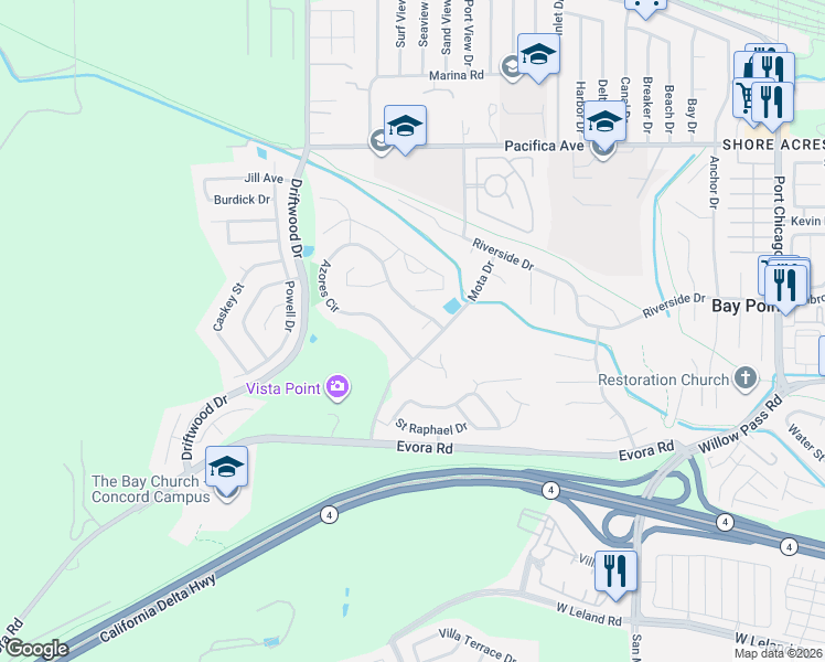 map of restaurants, bars, coffee shops, grocery stores, and more near 150 Pico Place in Bay Point