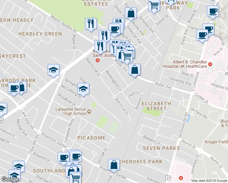 map of restaurants, bars, coffee shops, grocery stores, and more near 467 Bob-O-Link Drive in Lexington