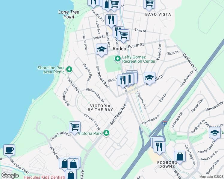 map of restaurants, bars, coffee shops, grocery stores, and more near 655 Garretson Avenue in Rodeo