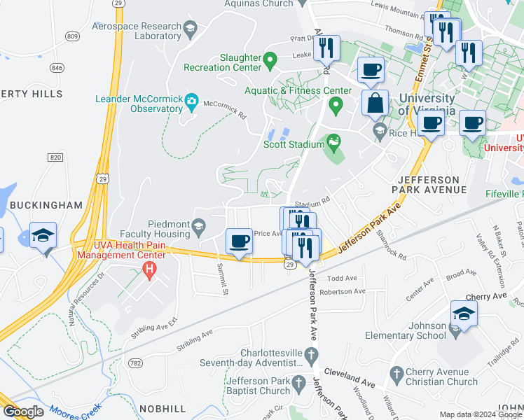 map of restaurants, bars, coffee shops, grocery stores, and more near 2205 Stadium Road in Charlottesville