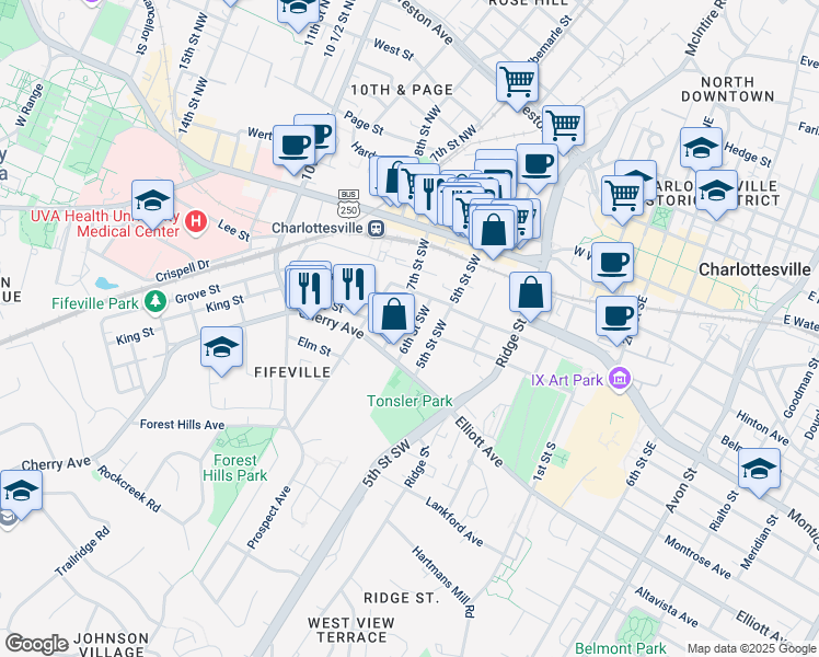 map of restaurants, bars, coffee shops, grocery stores, and more near 327 6th Street Southwest in Charlottesville