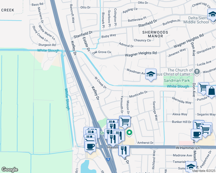 map of restaurants, bars, coffee shops, grocery stores, and more near 3239 West Creek Drive in Stockton