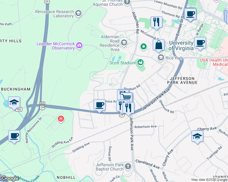 map of restaurants, bars, coffee shops, grocery stores, and more near 2313 Price Avenue in Charlottesville