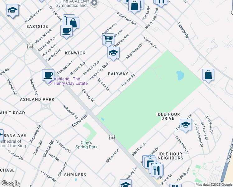 map of restaurants, bars, coffee shops, grocery stores, and more near 250 Holiday Road in Lexington
