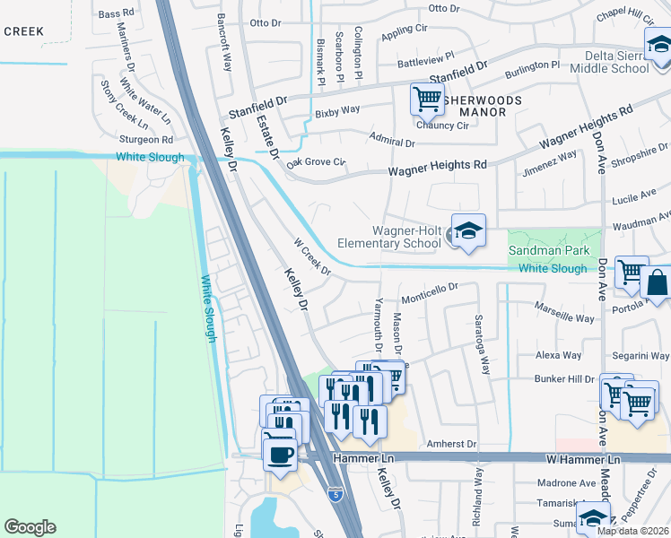 map of restaurants, bars, coffee shops, grocery stores, and more near 3239 West Creek Drive in Stockton
