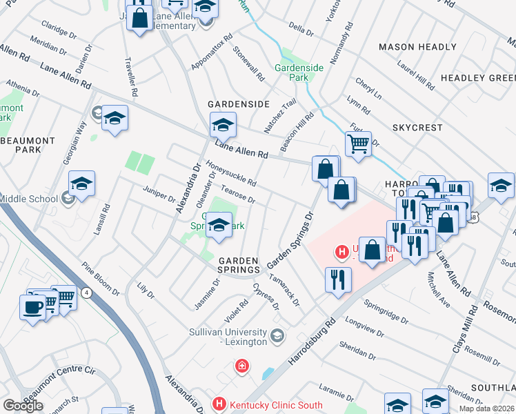 map of restaurants, bars, coffee shops, grocery stores, and more near 2019 Tamarack Drive in Lexington