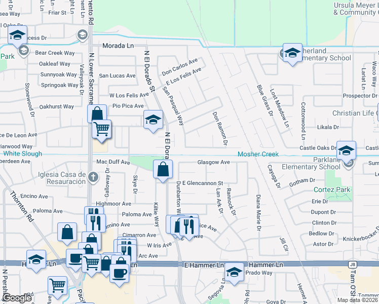 map of restaurants, bars, coffee shops, grocery stores, and more near 151 Glasgow Avenue in Stockton