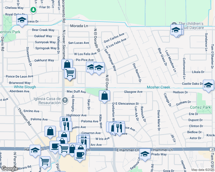 map of restaurants, bars, coffee shops, grocery stores, and more near 103 Glasgow Avenue in Stockton