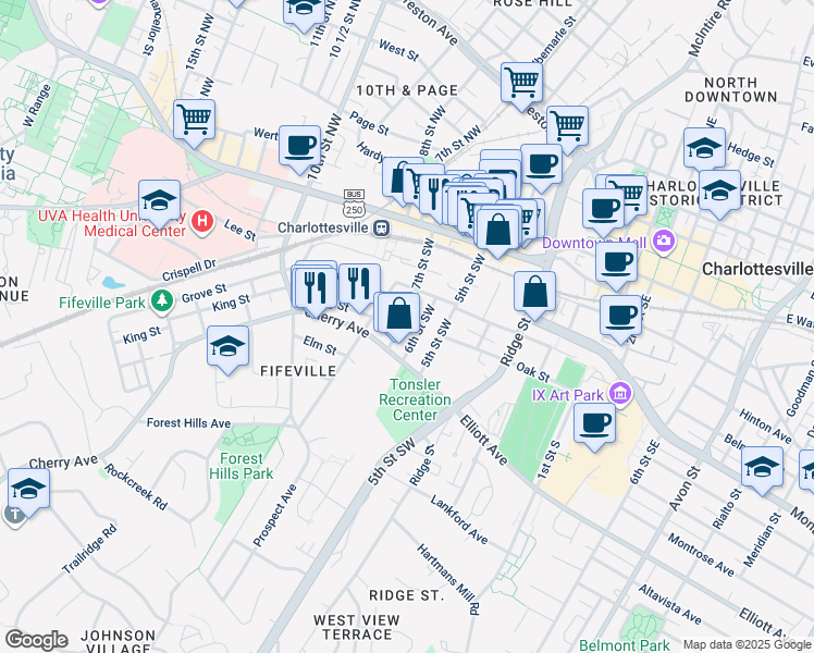 map of restaurants, bars, coffee shops, grocery stores, and more near 337 6th Street Southwest in Charlottesville