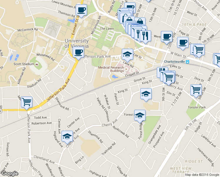 map of restaurants, bars, coffee shops, grocery stores, and more near 305 Paton Street in Charlottesville