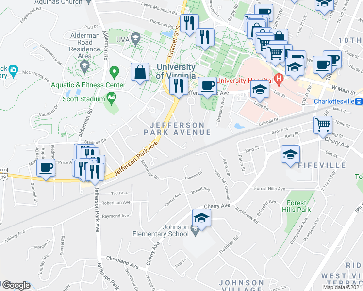 map of restaurants, bars, coffee shops, grocery stores, and more near 117 Maywood Lane in Charlottesville