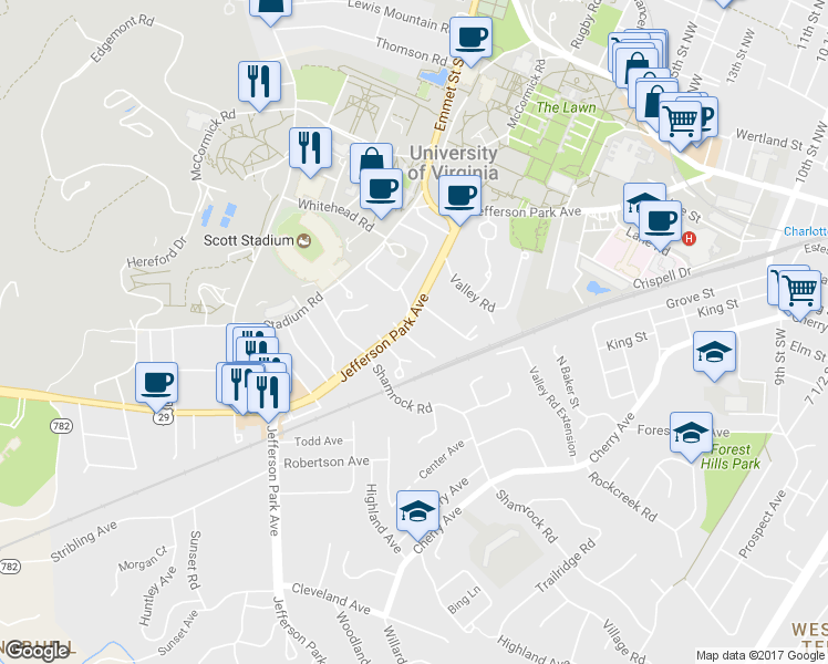 map of restaurants, bars, coffee shops, grocery stores, and more near 102 Carrollton Terrace in Charlottesville