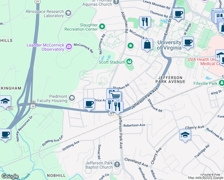 map of restaurants, bars, coffee shops, grocery stores, and more near 210 Maury Avenue in Charlottesville
