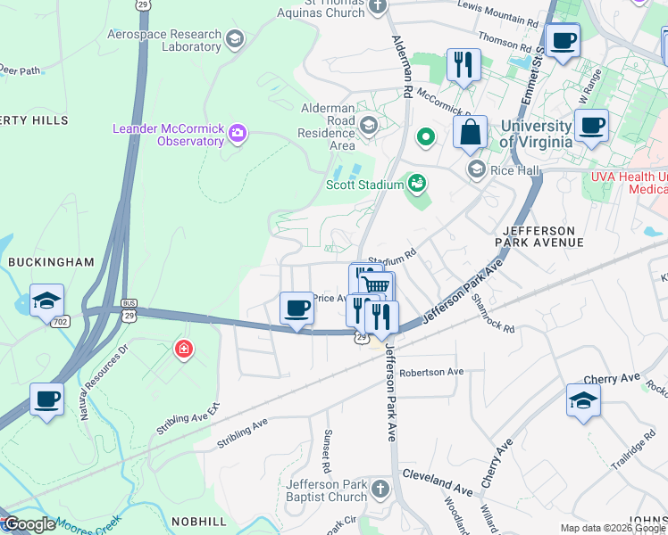 map of restaurants, bars, coffee shops, grocery stores, and more near 2313 Price Avenue in Charlottesville