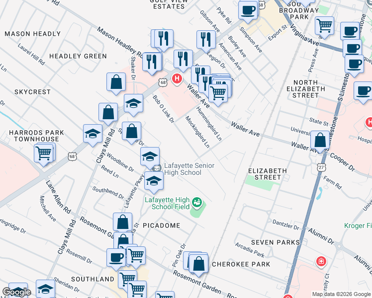 map of restaurants, bars, coffee shops, grocery stores, and more near 464 Bob-O-Link Drive in Lexington
