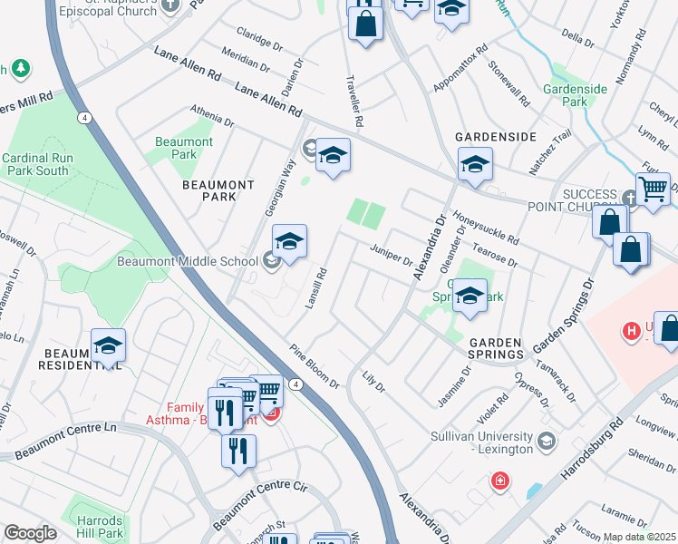 map of restaurants, bars, coffee shops, grocery stores, and more near 2140 Lansill Road in Lexington