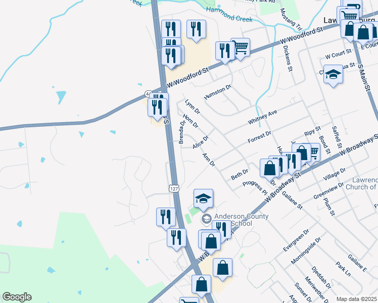 map of restaurants, bars, coffee shops, grocery stores, and more near 116 Brenda Drive in Lawrenceburg
